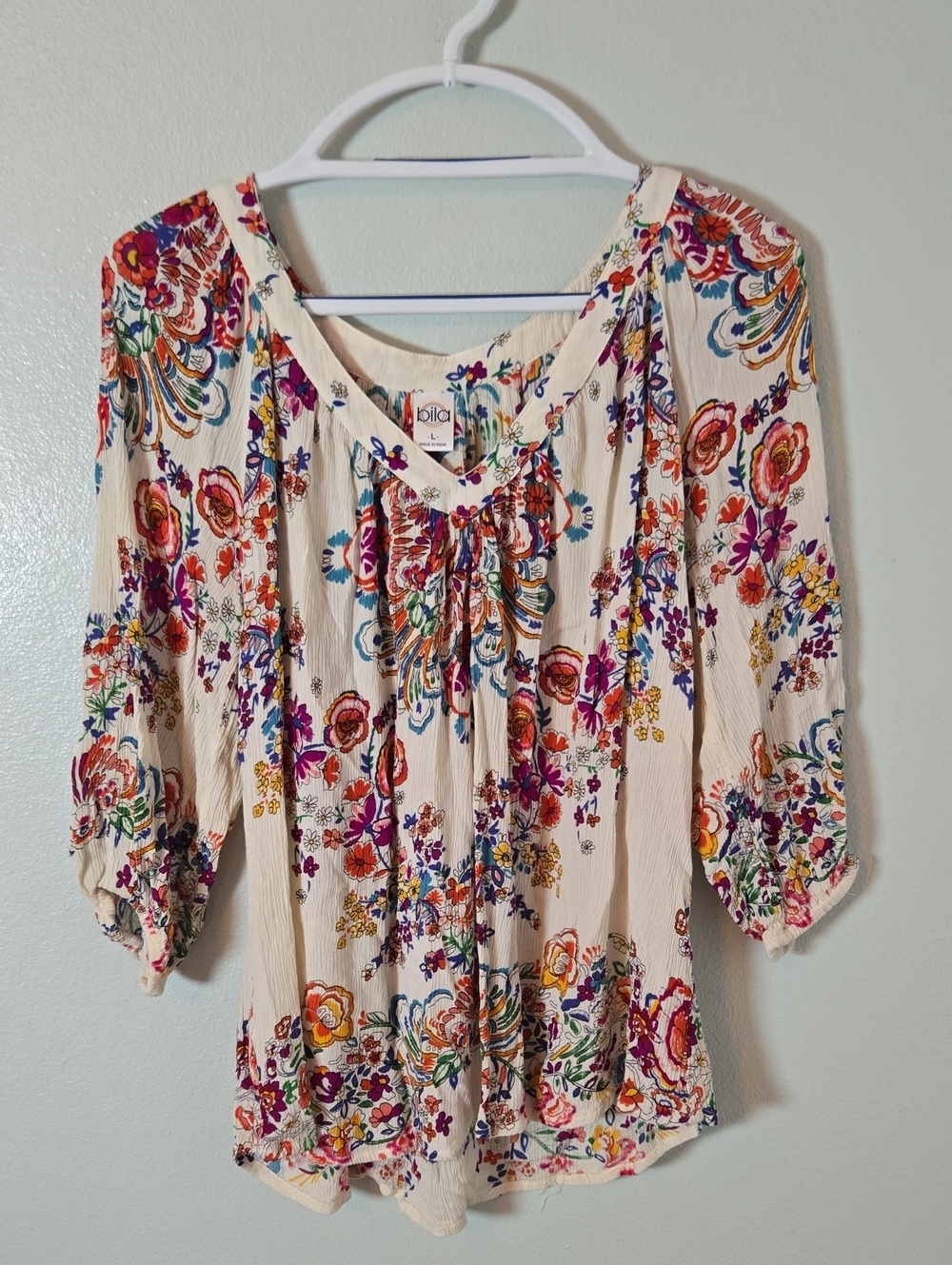 Bila | Colorful Paisley Floral Print 3/4 Sleeve Peasant Blouse Size Large